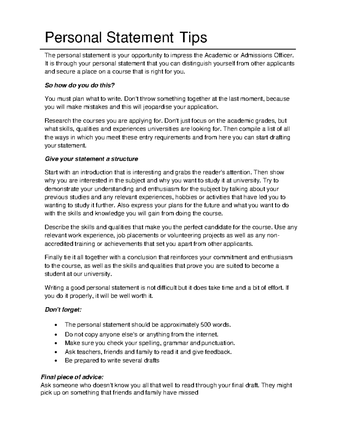 Personal statement tips - It is through your personal statement that ...