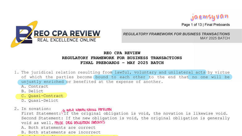 REO CPA REVIEW Final Preboards: Regulatory Framework for Business ...