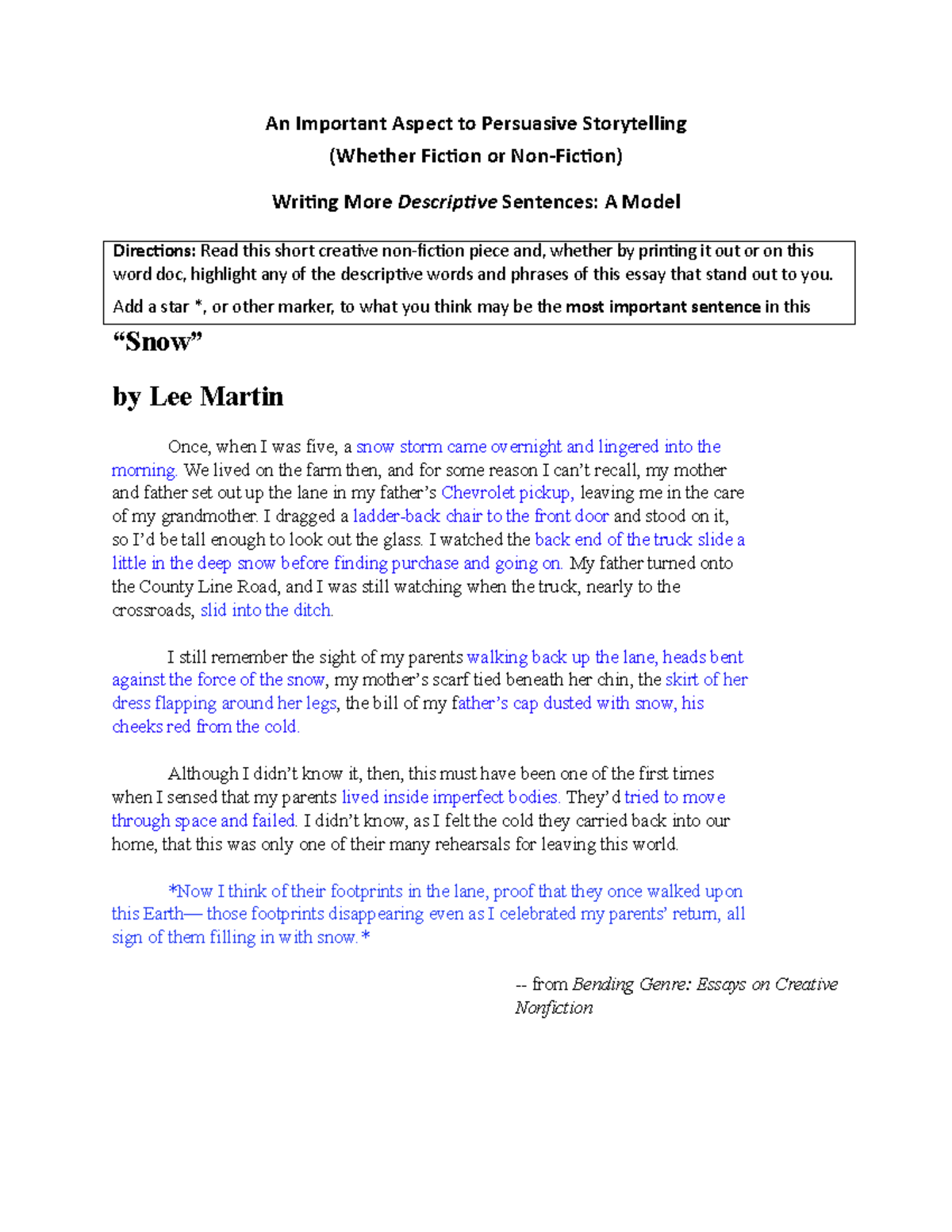 Descriptive Writing Analysis: A Study on Lee Martin's Narrative - Studocu