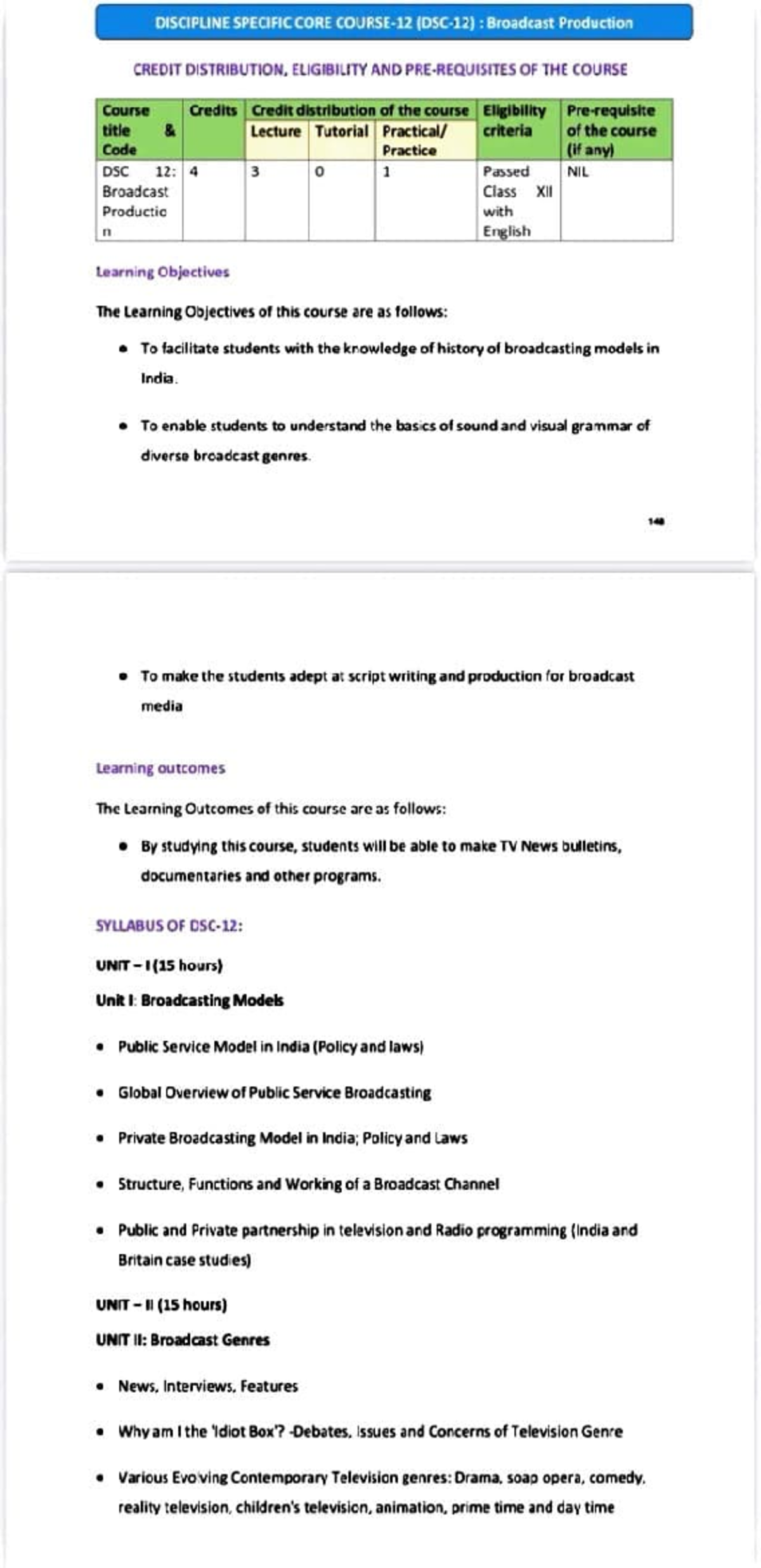 Broadcast Production Course (IOSC 12) - Overview and Learning Outcomes ...