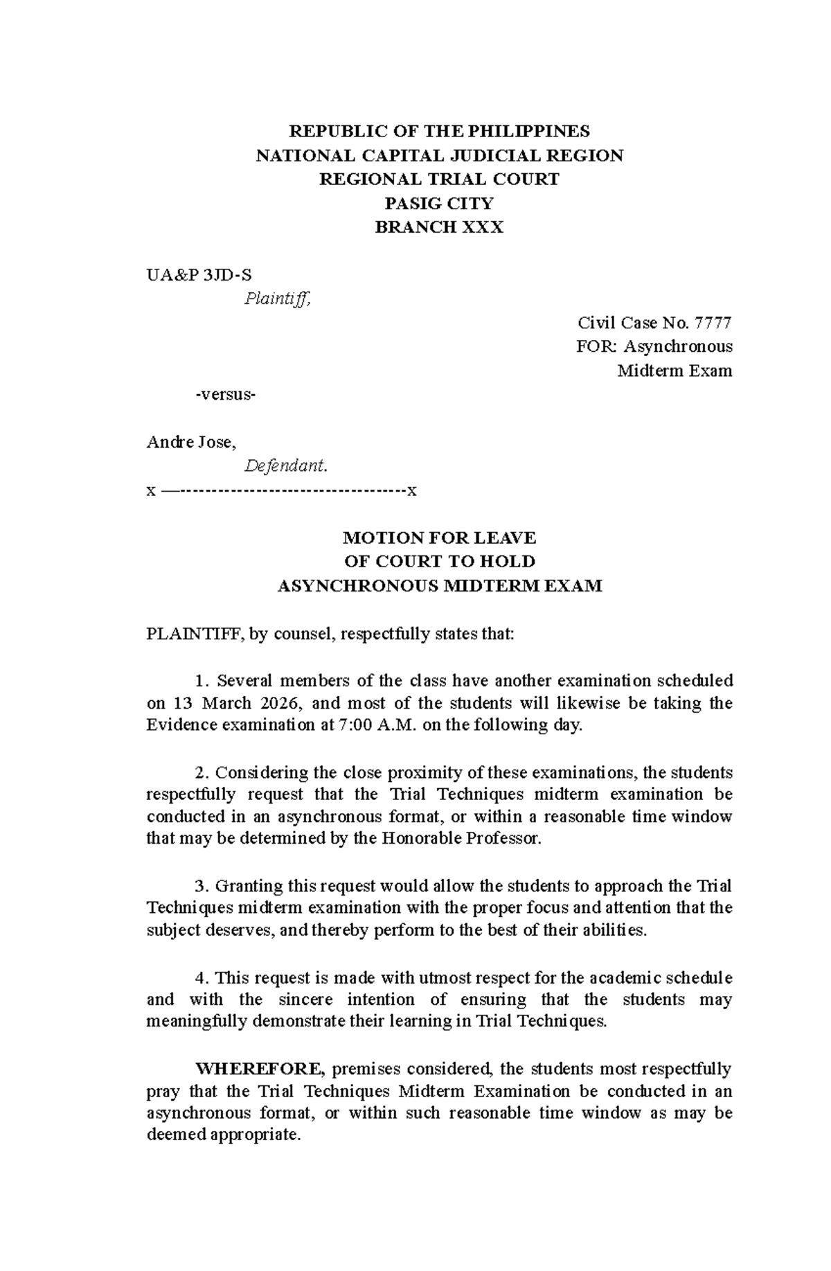 Motion for Leave: Asynchronous Midterm Exam Request for Trial ...