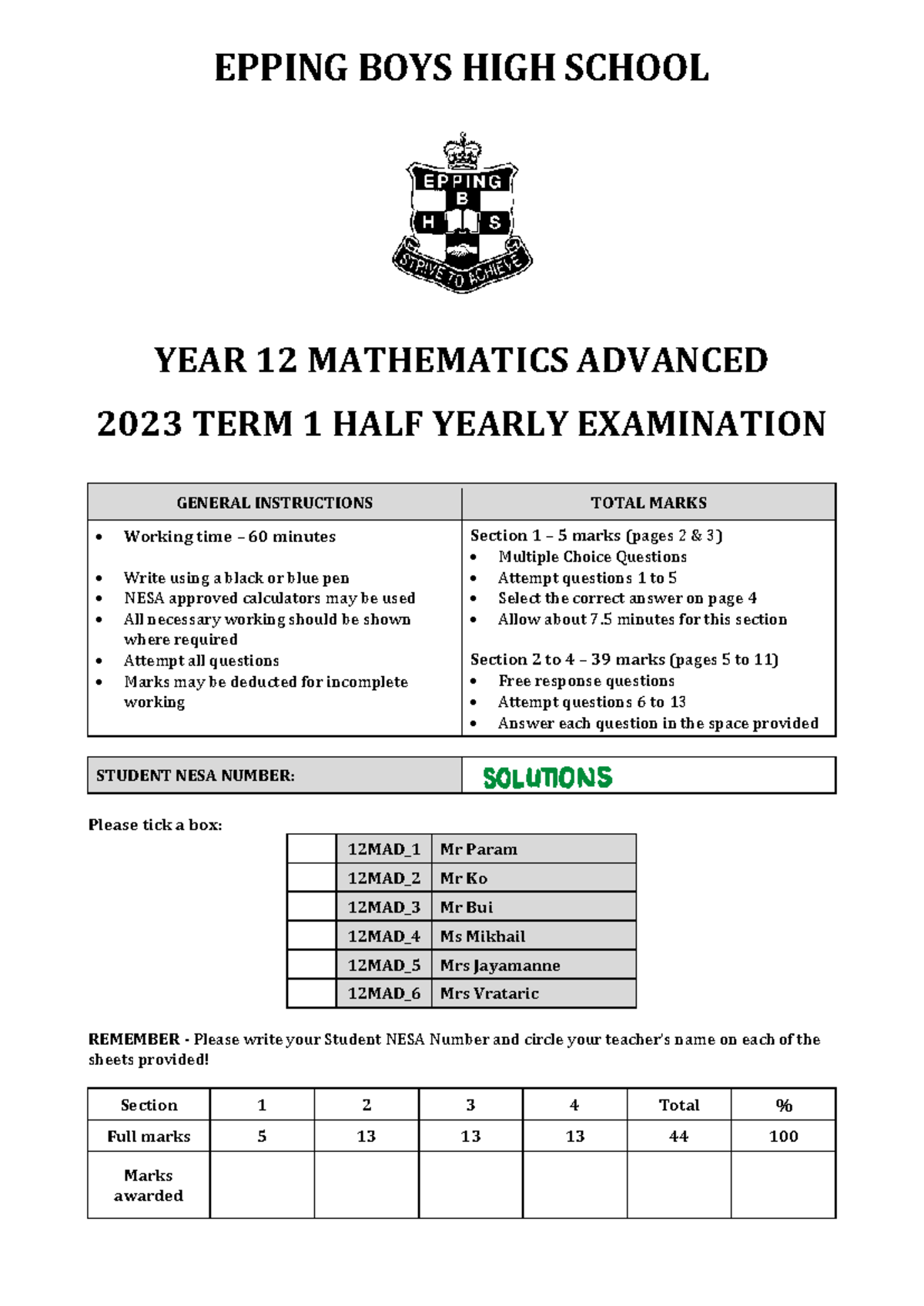2023 EPPING BOYS YEAR 12 MATHEMATICS ADVANCED T1 HY EXAM SOLUTIONS ...