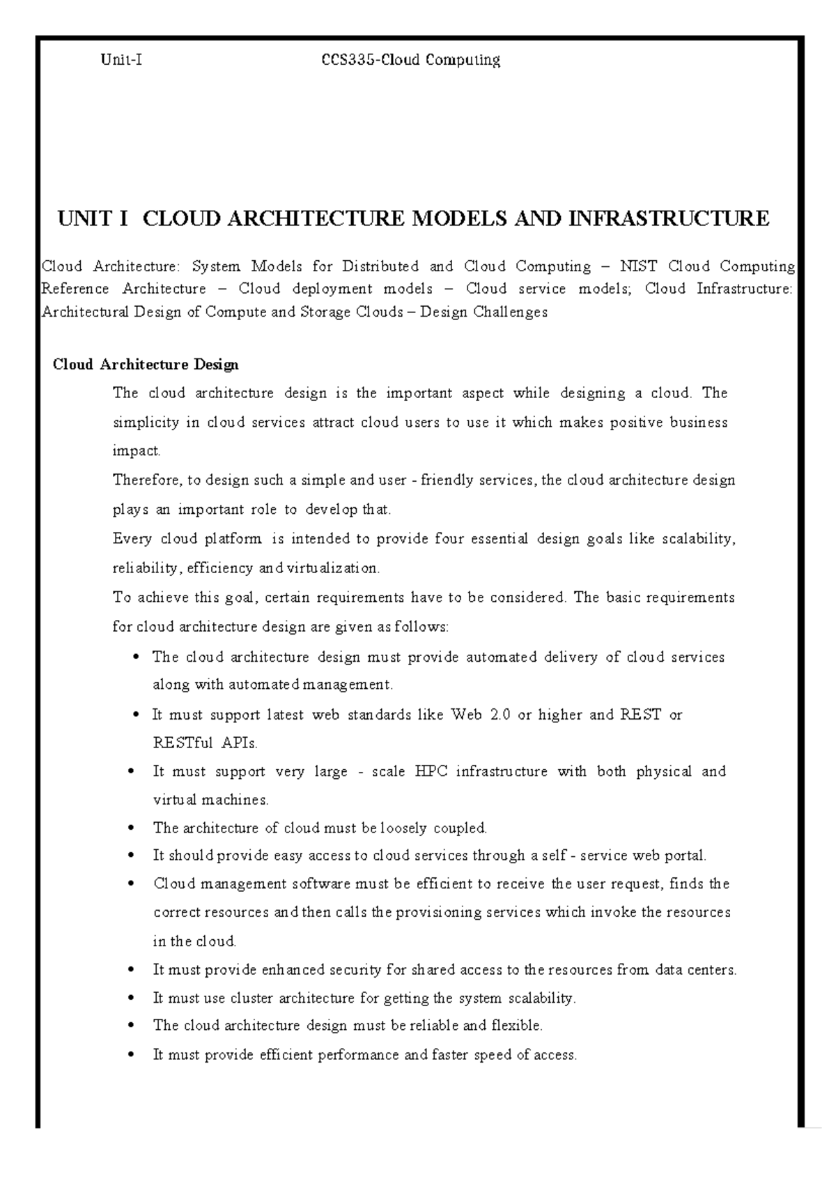 Unit I: Cloud Architecture Models & Infrastructure (COMP 101) - Studocu