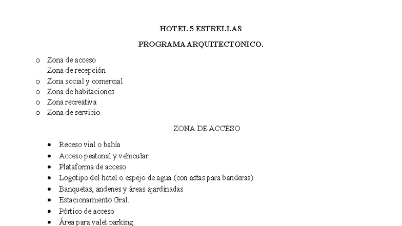 HOTEL 5 ESTRELLAS: PROGRAMA ARQUITECTONICO DETALLADO - Studocu