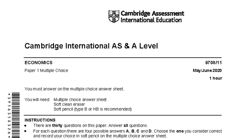Cambridge International AS A Level ECONOMICS 9708 S20 Paper 1 MCQ Guide ...