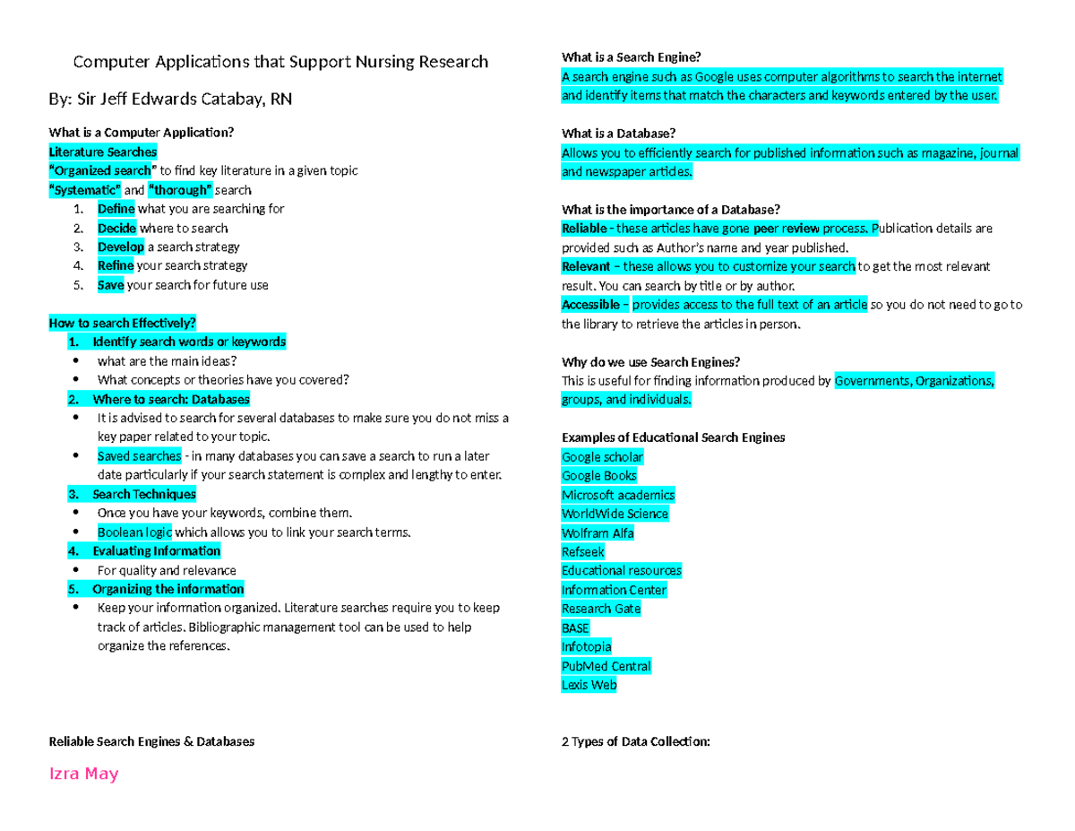 Computer Applications in Nursing Research: A Guide (NUR 101) - Studocu