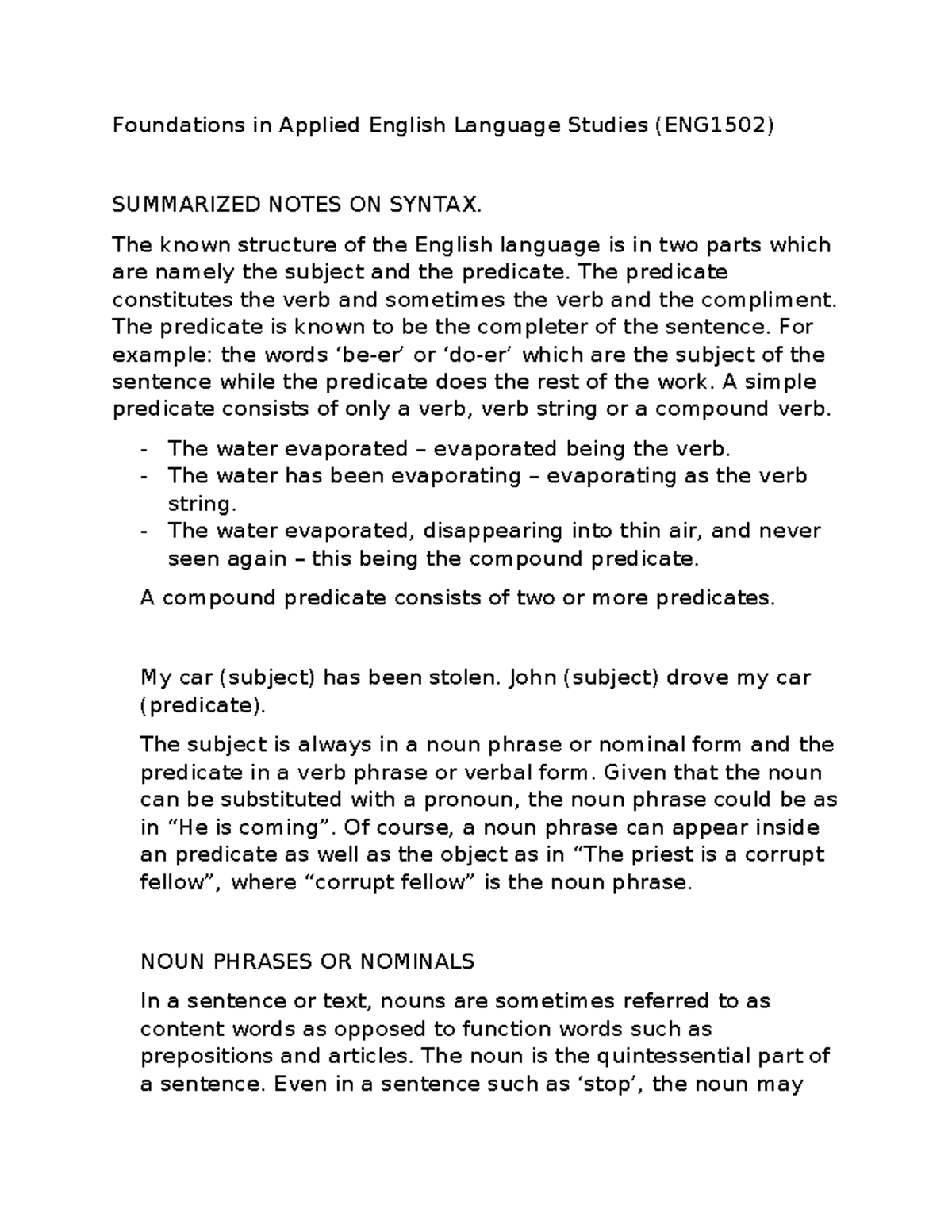 ENG1502 Summarized Notes on Syntax and Sentence Structure - Studocu