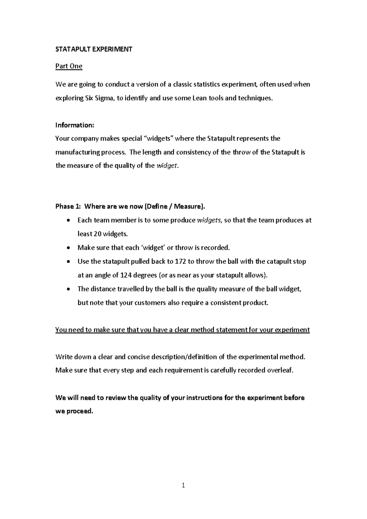 RM 7 Statapult Experiment Phase One: Exploring Lean Principles - Studocu