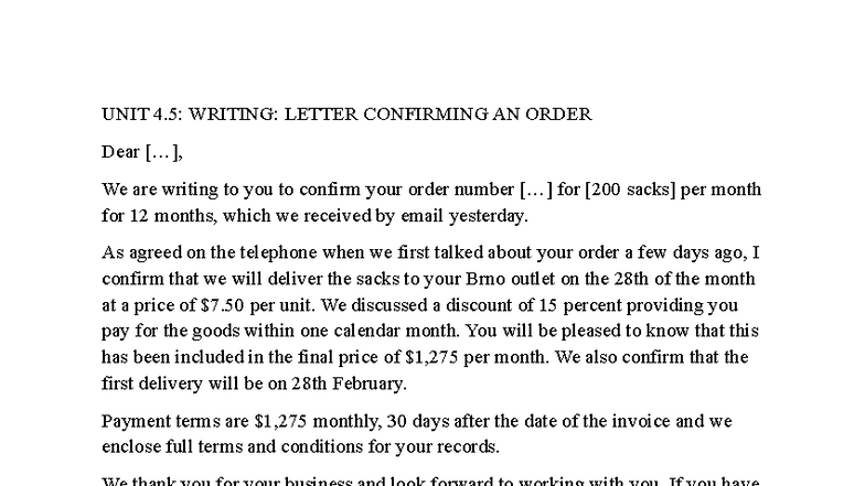 UNIT 4: Writing Sample - Order Confirmation Letter - Studocu