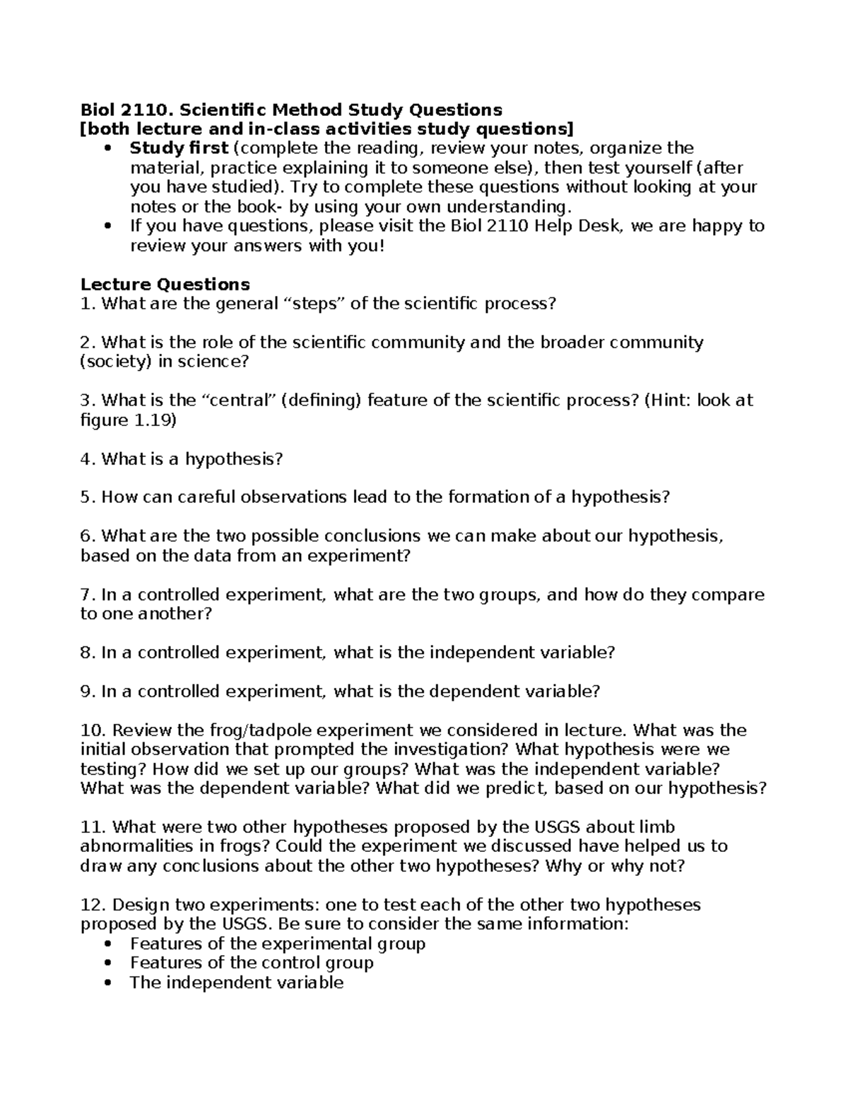 Biol 2110. Study Questions on the Scientific Method & Experiments - Studocu