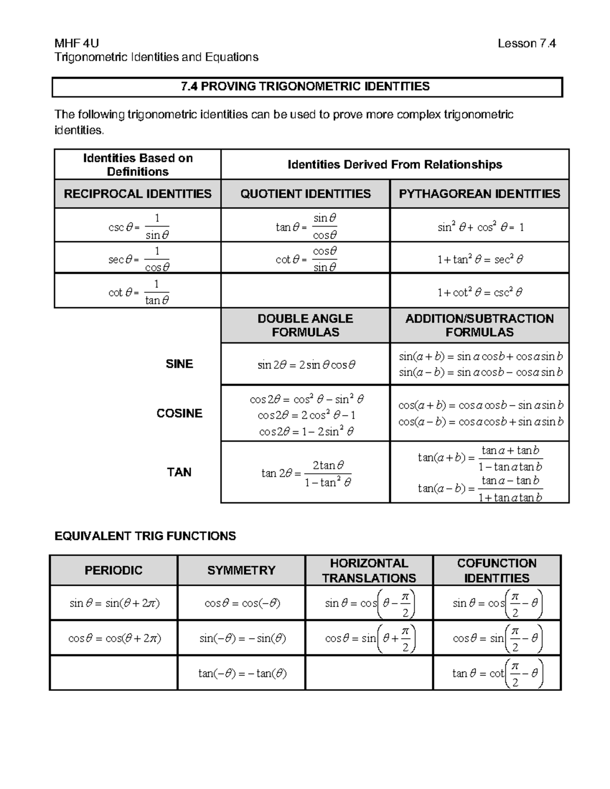 MHF 4U Lesson 7.4: Proving Trigonometric Identities - Studocu