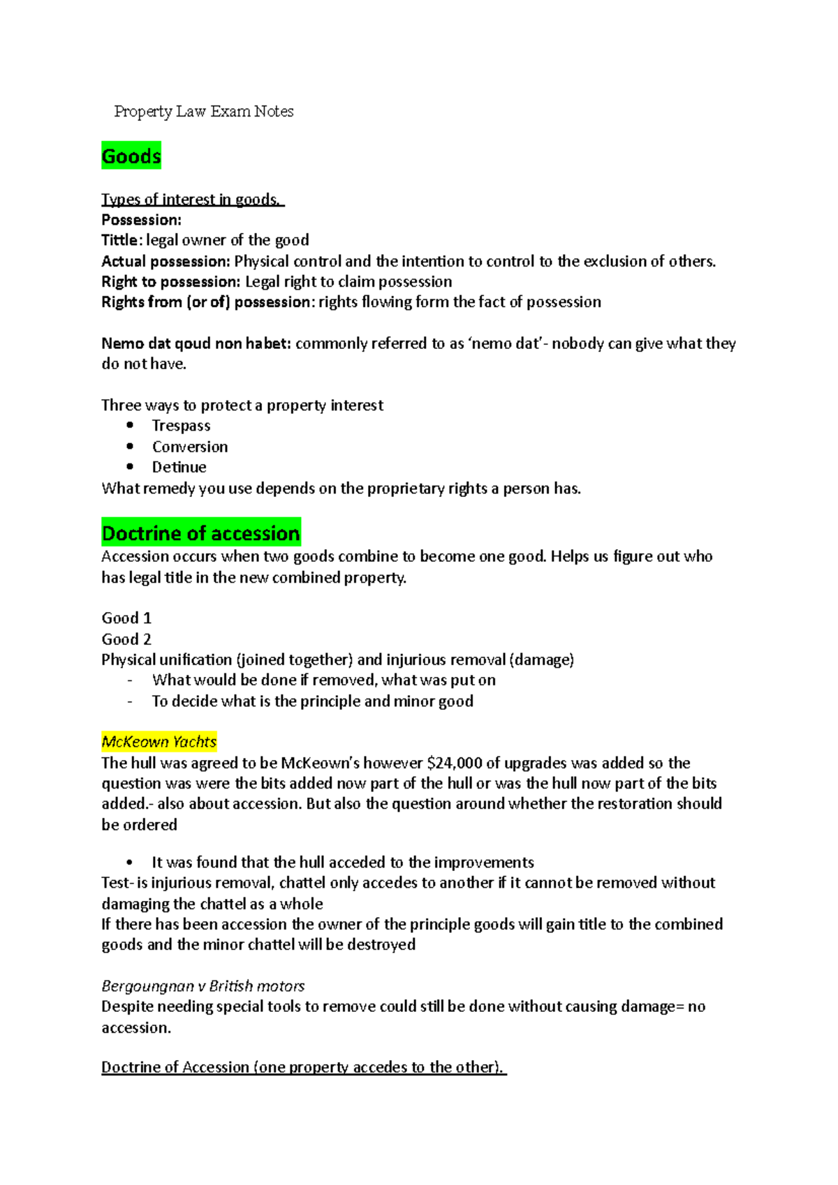 Property LAW 123 Exam Notes: Key Concepts and Doctrines - Studocu