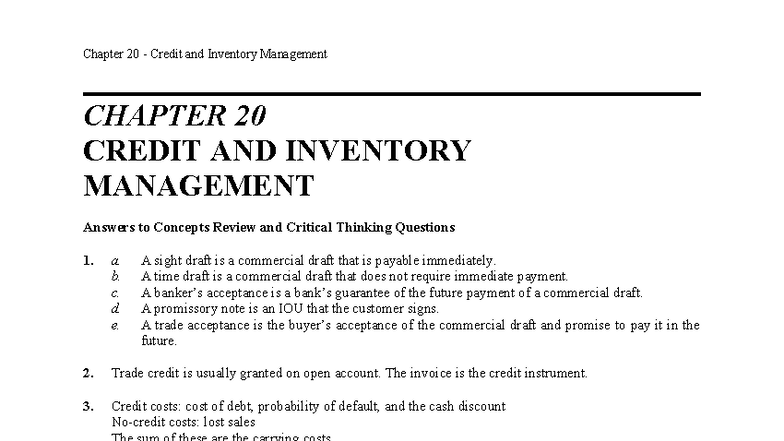 Chapter 20 TCDN 2: Credit and Inventory Management Solutions - Studocu