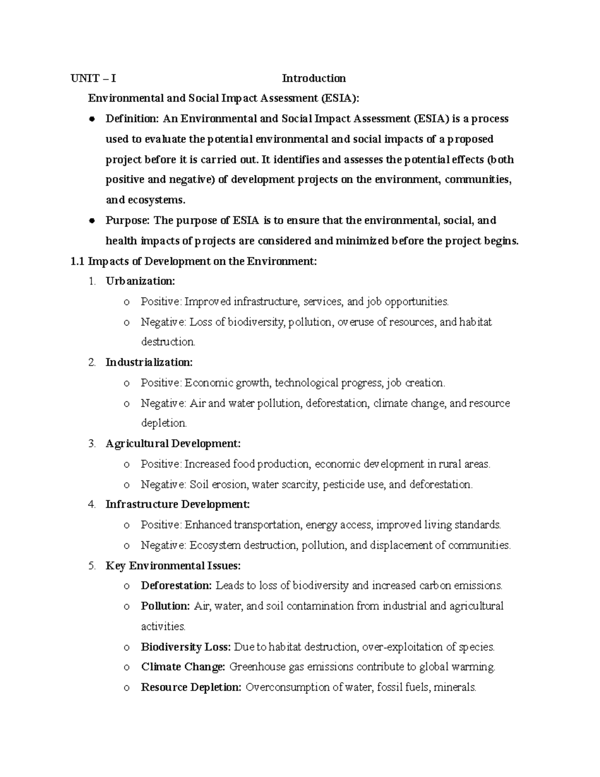 UNIT I ESIA: Introduction to Environmental and Social Impact Assessment ...