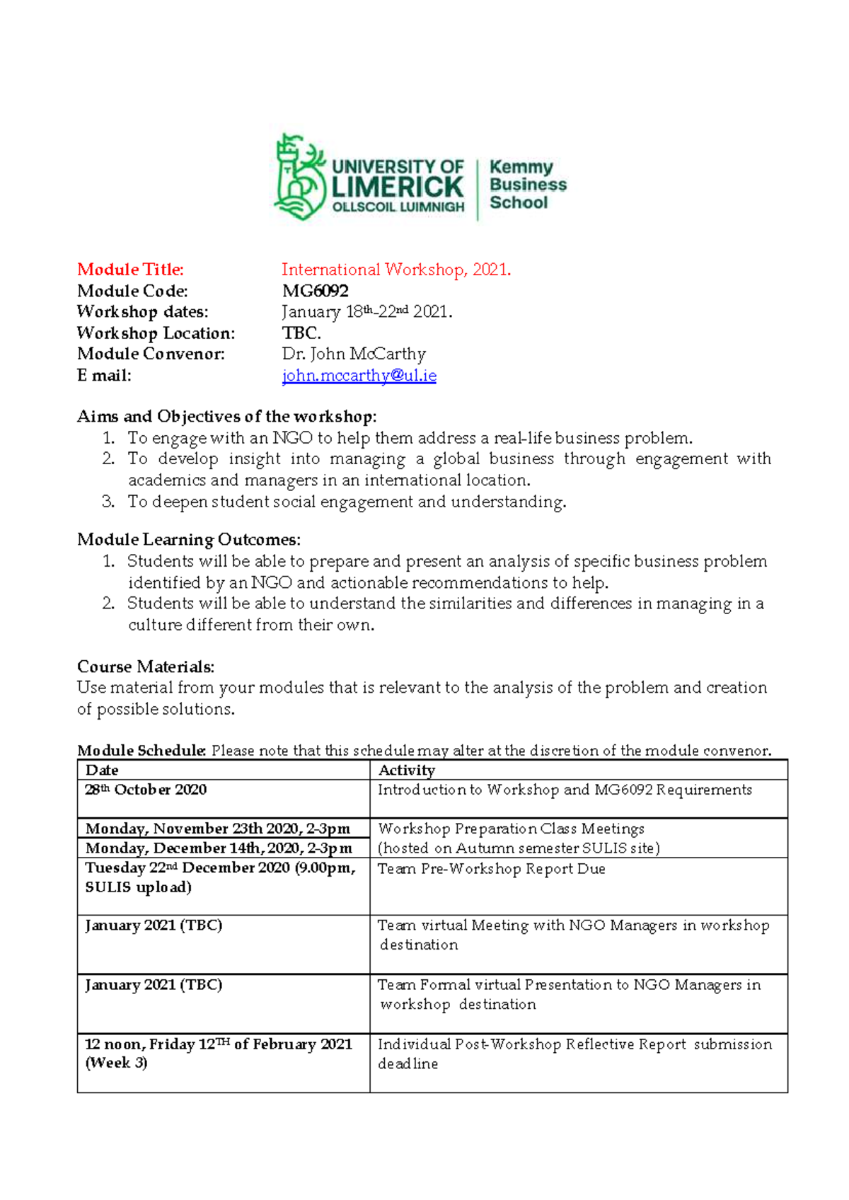MG6092 International Workshop Course Outline 2020-21 - Module Title ...