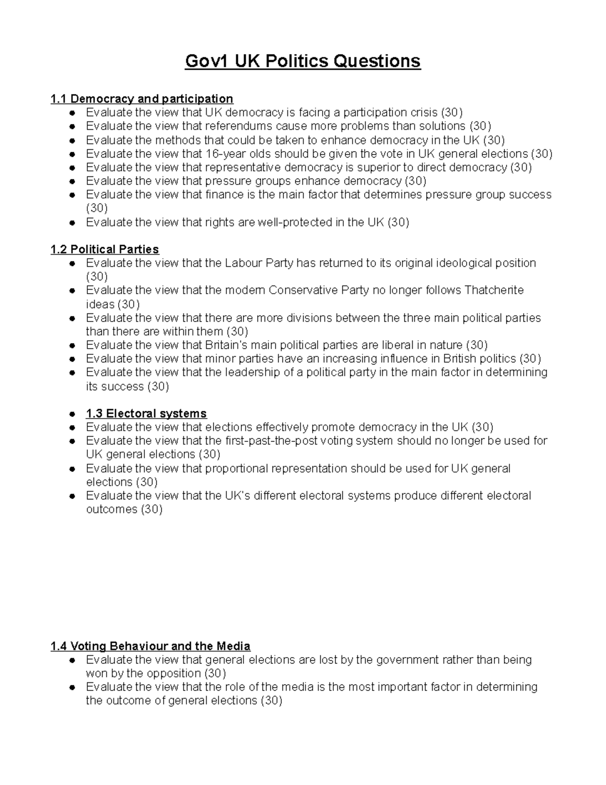 Gov1 and Gov2 UK Politics & Government 30 Mark Questions List - Studocu