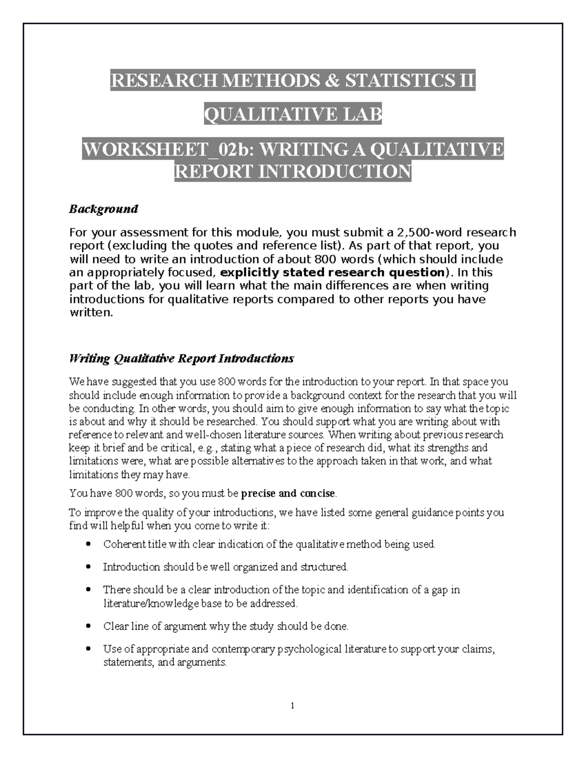 Worksheet 02b: Crafting Introductions for Qualitative Reports in ...