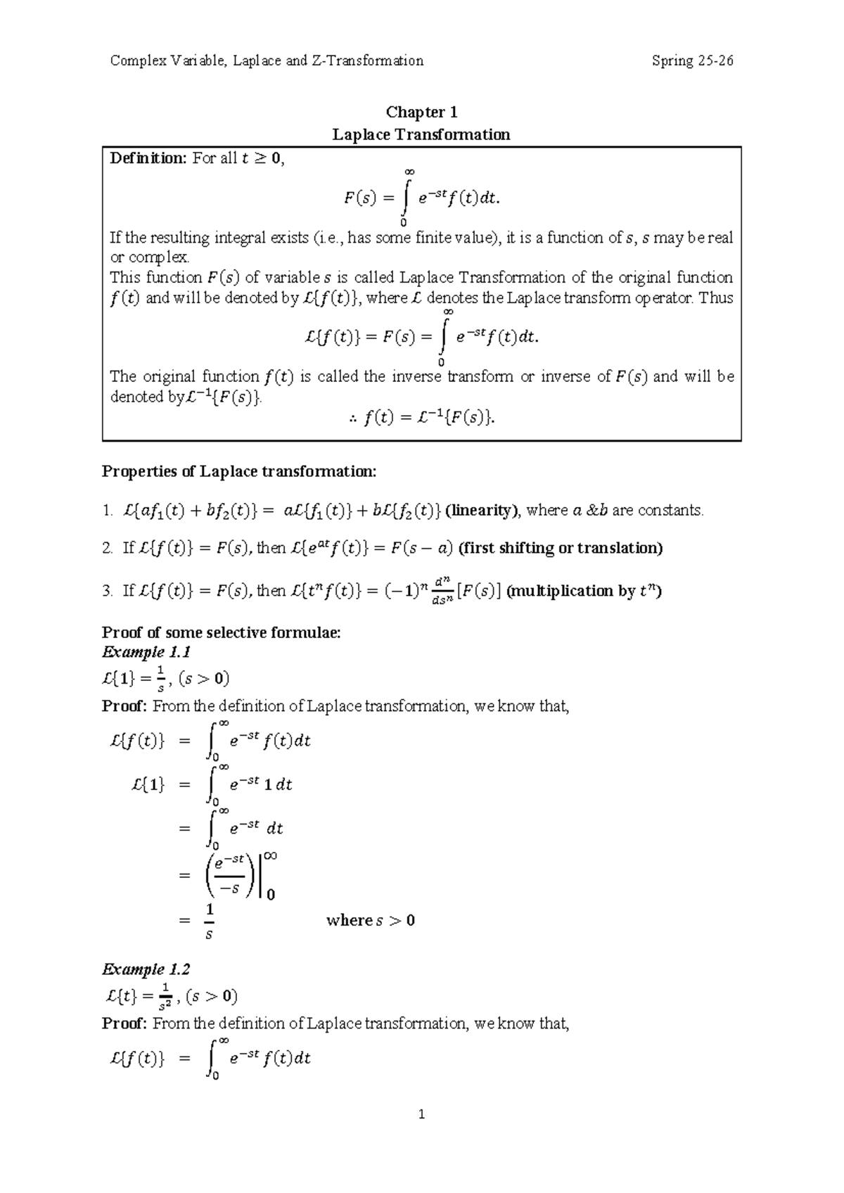 Math3 Ch01 Laplace Transform: Definition & Properties - Studocu