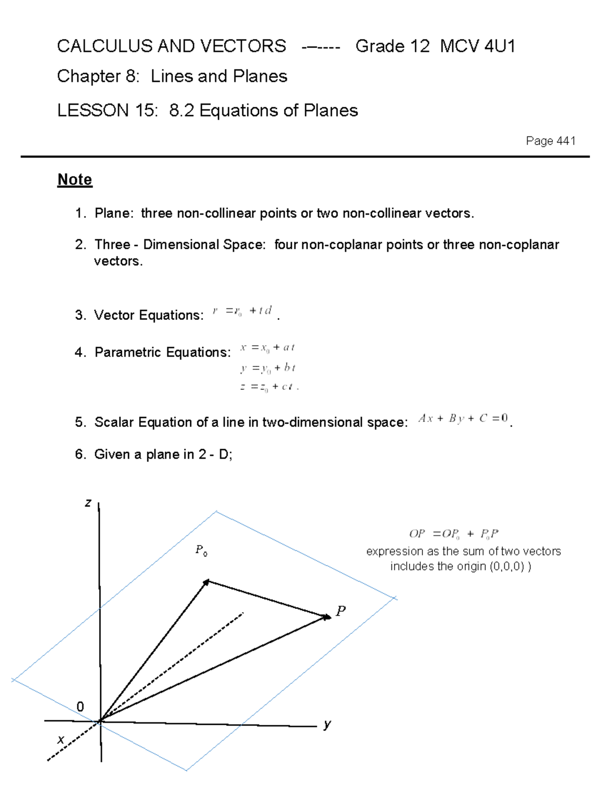 CALCULUS AND VECTORS Grade 12 MCV 4U1 Chapter 8: Lines & Planes Lesson ...