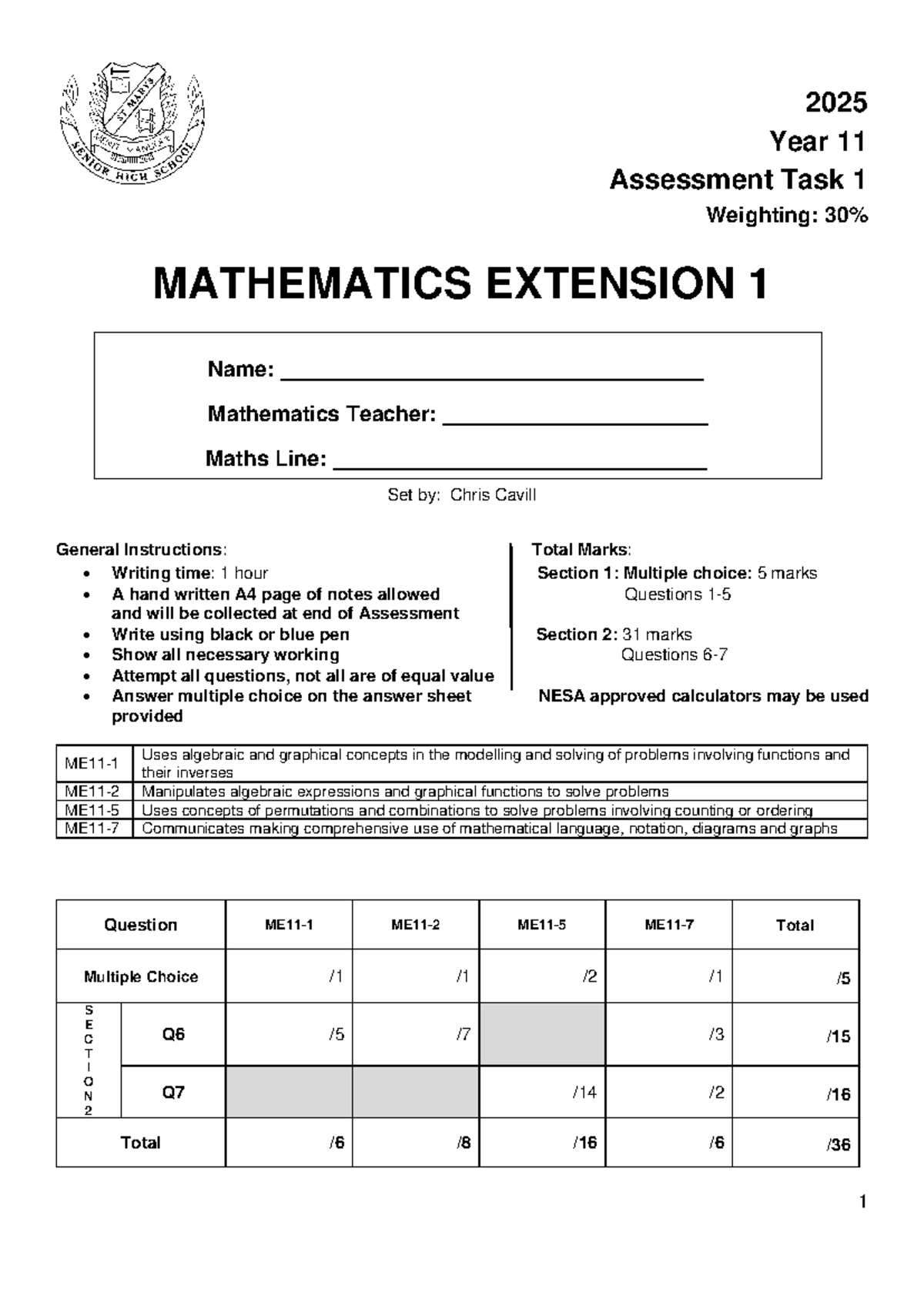 2025 Year 11 Mathematics Extension 1 Assessment Task 1 Solutions - Studocu
