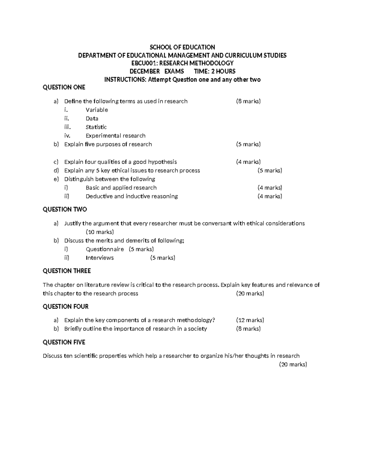 EBCU001: Research Methodology December Exam Guide - Studocu