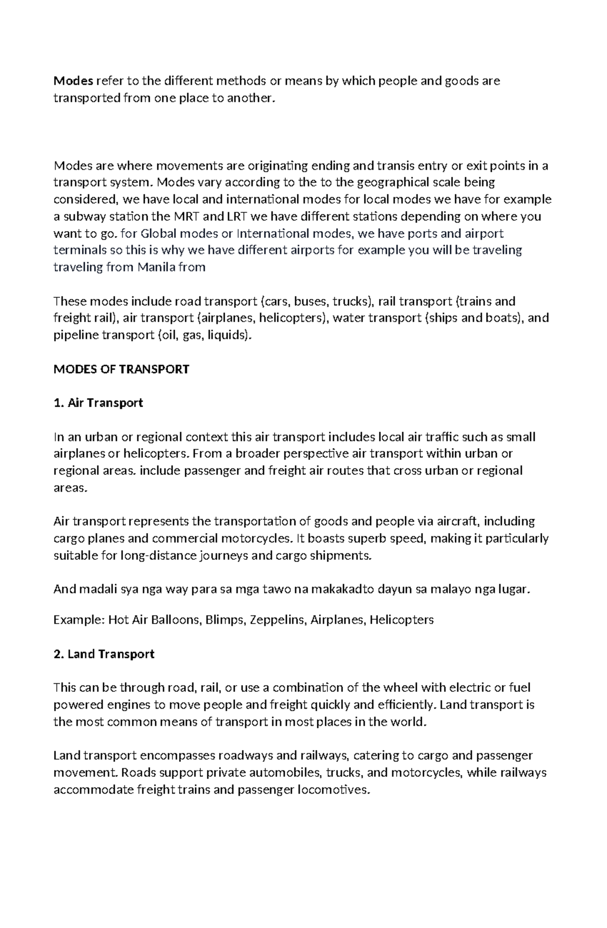 Modes of Transport: Lecture Notes on Transportation Methods - Studocu