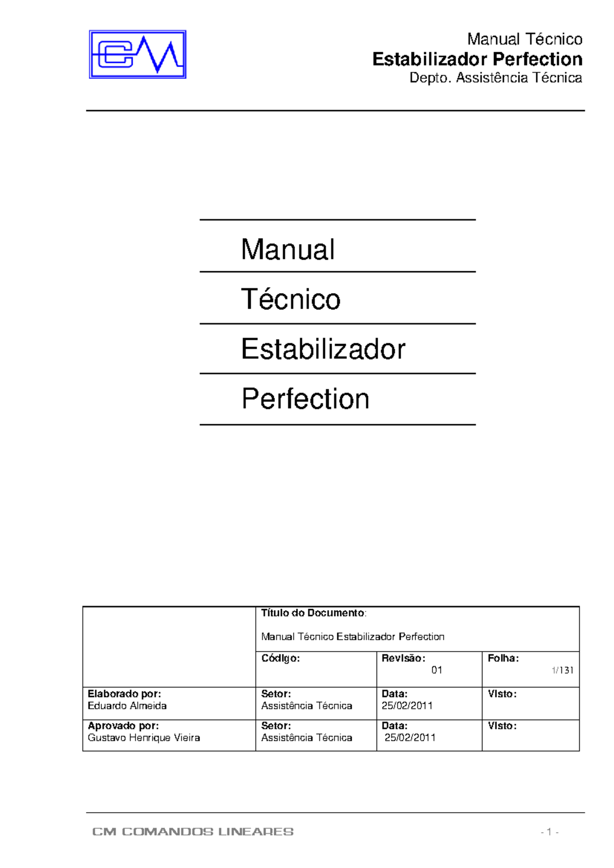 Manual Técnico Estabilizador Perfection - Assistência Técnica - Document Preview