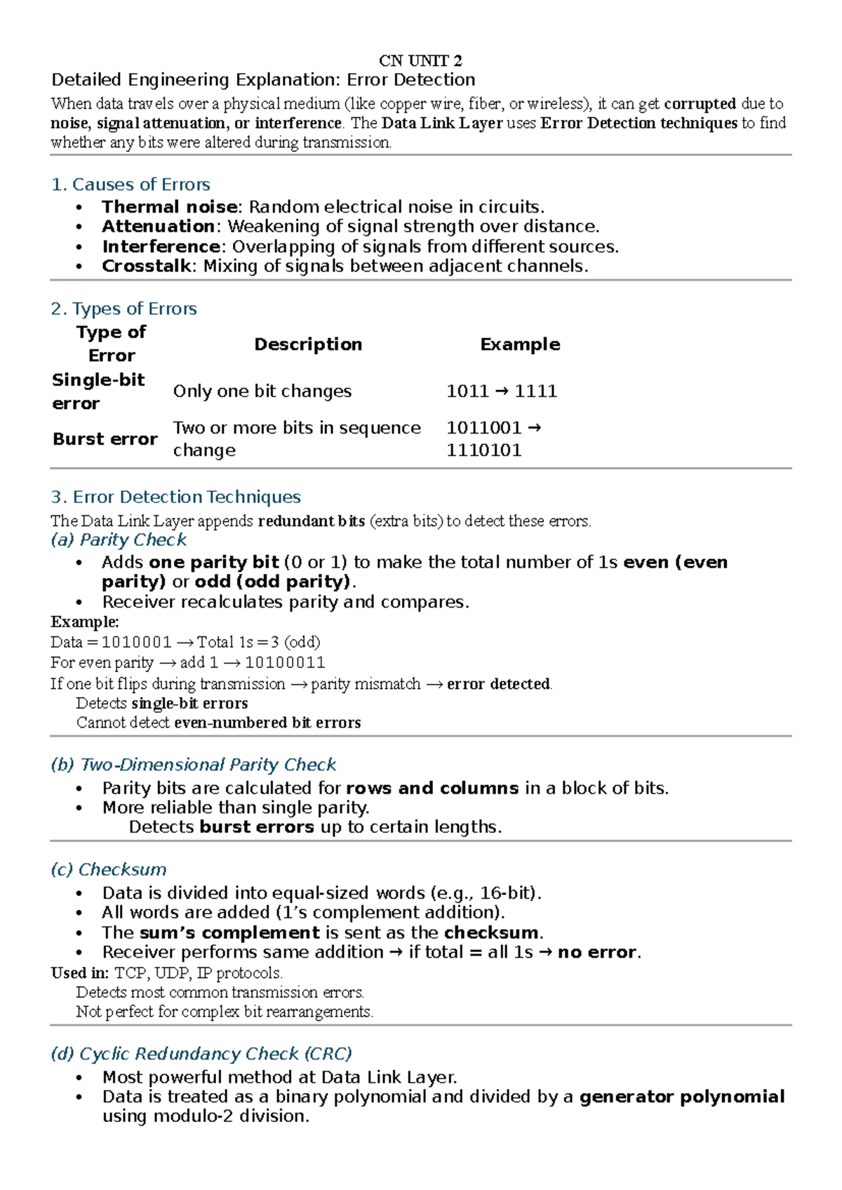CN UNIT 2 Error Detection and Correction Techniques in Data Link Layer ...