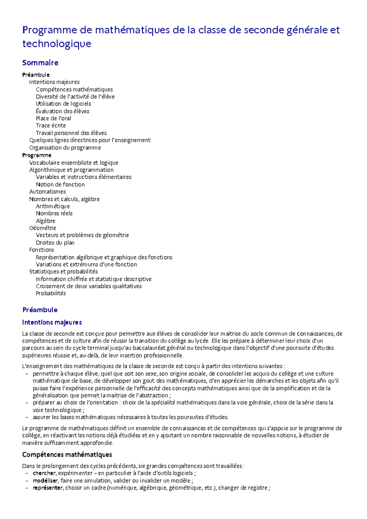 Programme de Mathématiques de la Classe de Seconde Générale et ...