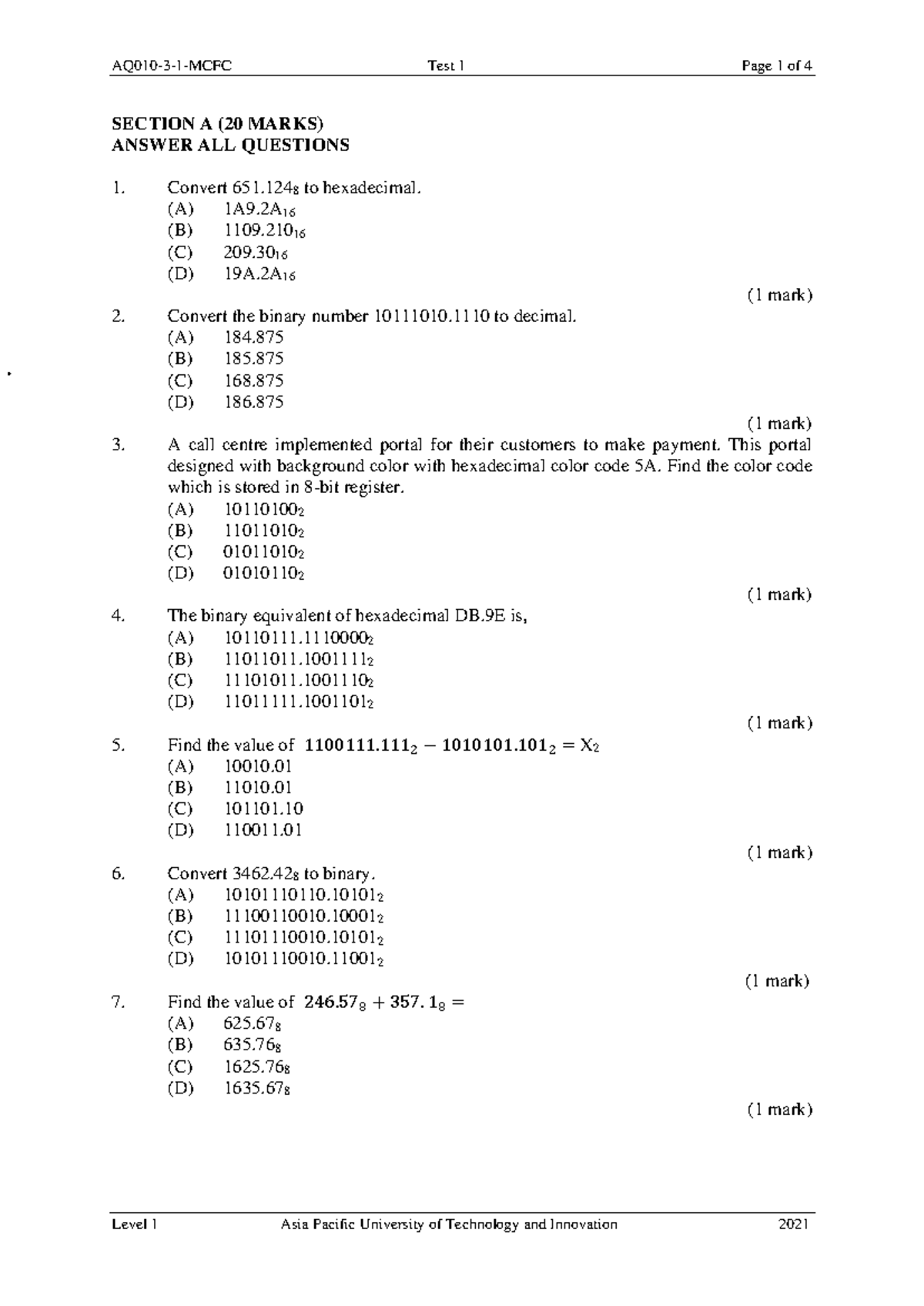 Past Intake Test 1 QP (Set 2) - Level 1 Questions and Answers - Studocu