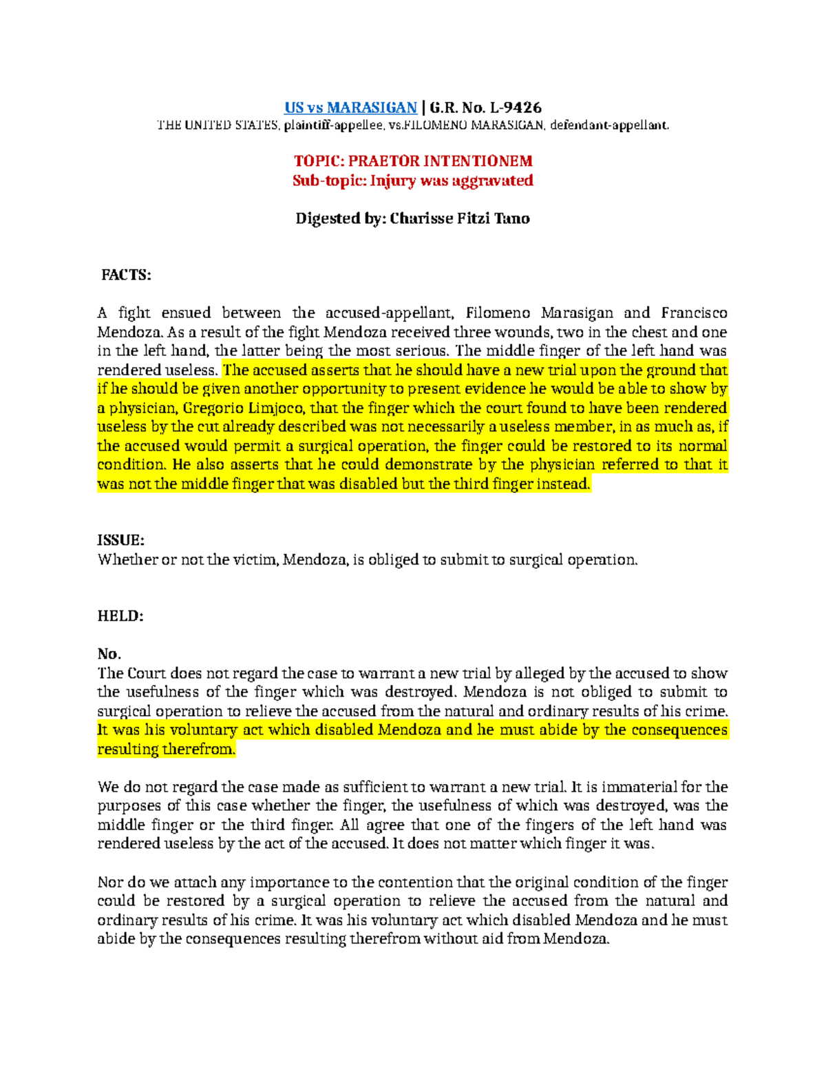 US vs Marasigan G.R. No. L-9426: Praetor Intentionem Injury Case ...