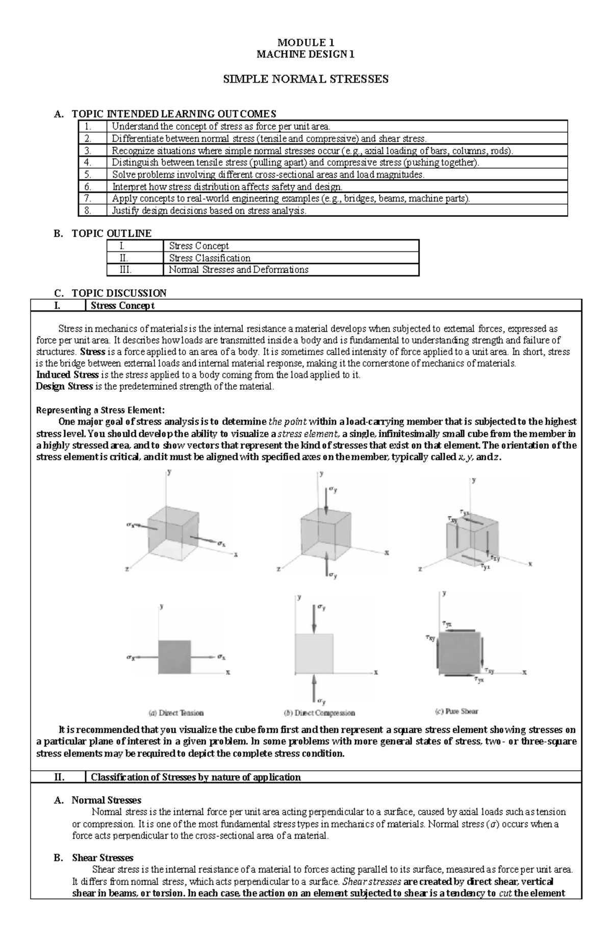 Module 1: Simple Normal Stresses in Machine Design (ENG 101) - Studocu