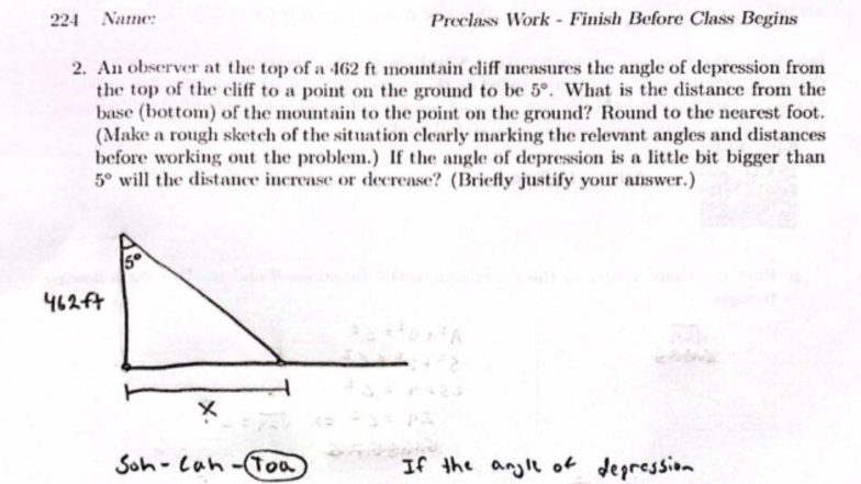 224 Precalculus Assignment: Angle of Depression Problem - Studocu