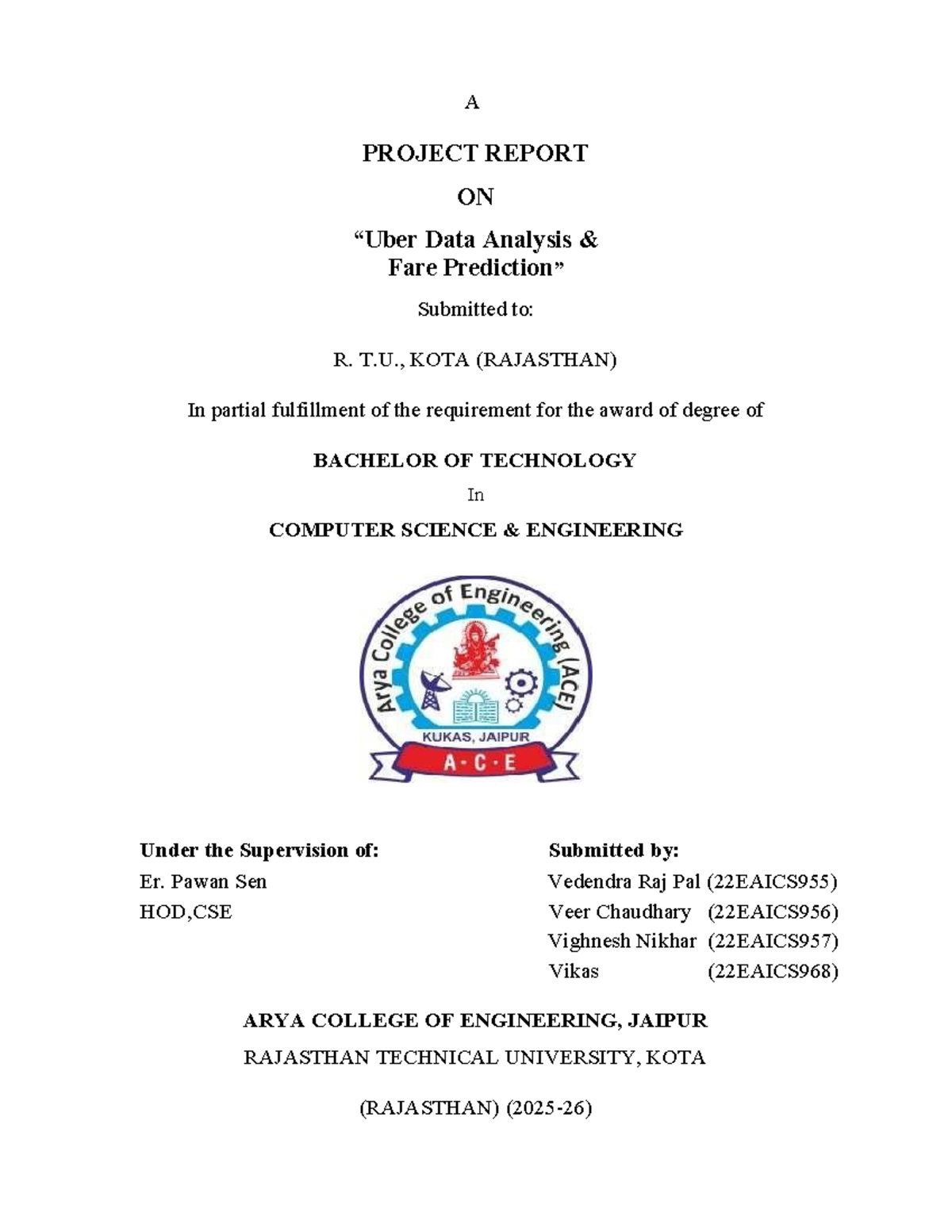 Final Year Project Report: Data Analysis Fare (B.Tech CSE) - Studocu