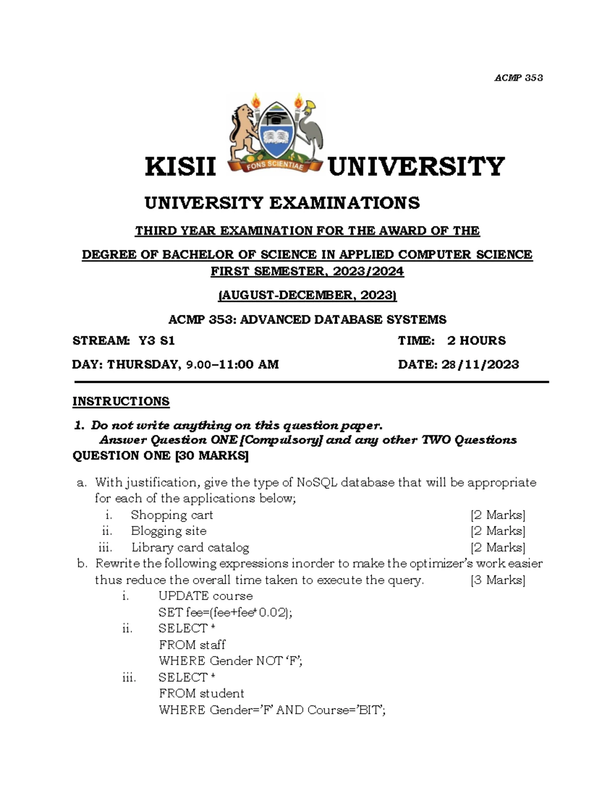 ACMP 250: Python Programming Final Exam - Kisii University - Studocu