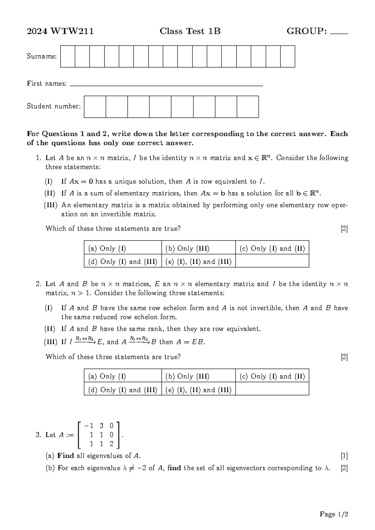2024 WTW211 Class Test 1B: Matrix Theory Questions and Solutions - Studocu