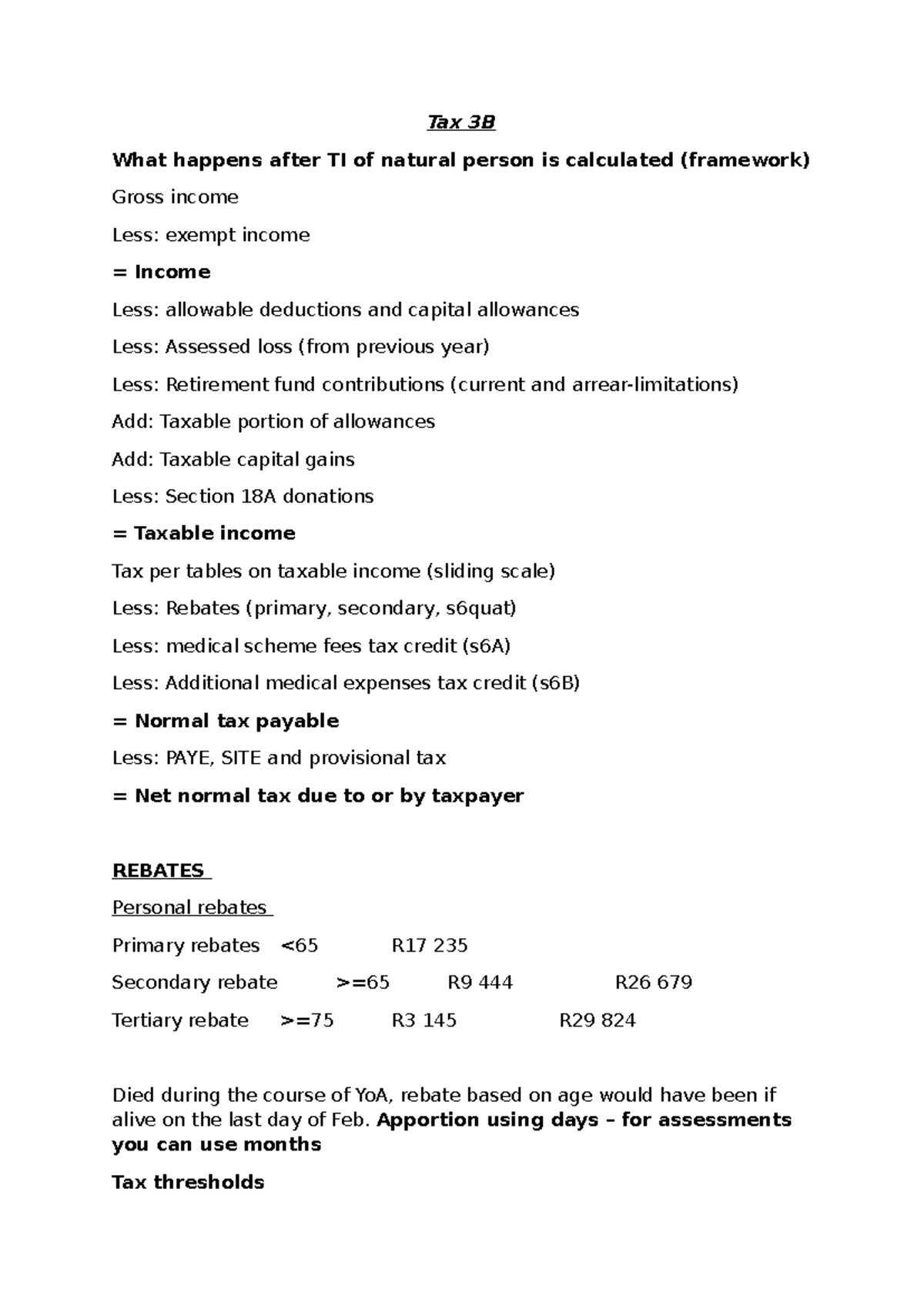 Tax 3B - Comprehensive Summary of Tax Calculations and Deductions - Studocu