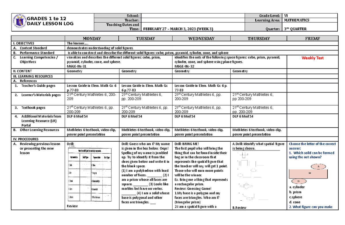 DLL Mathematics 6 Q3 W3 - Daily lesson Log - GRADES 1 to 12 DAILY ...