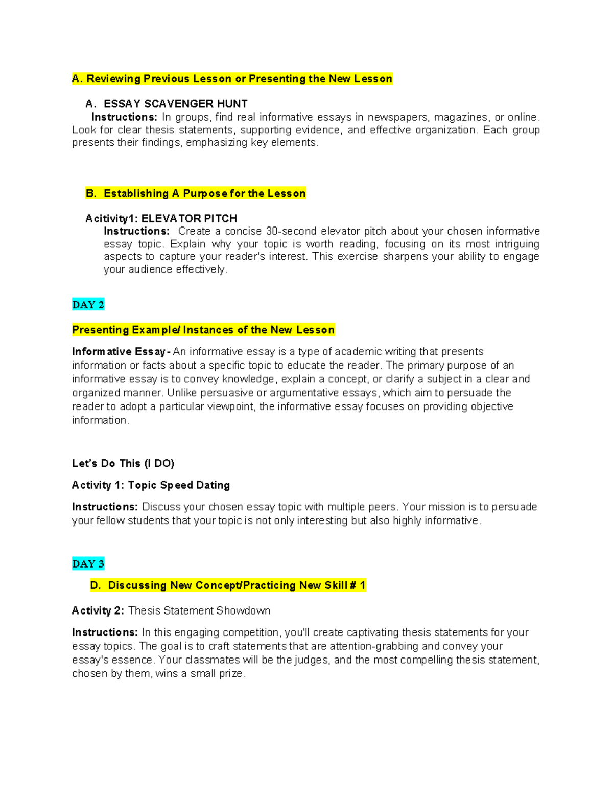 LP - Informative Essay Activities and Lesson Plan - Studocu