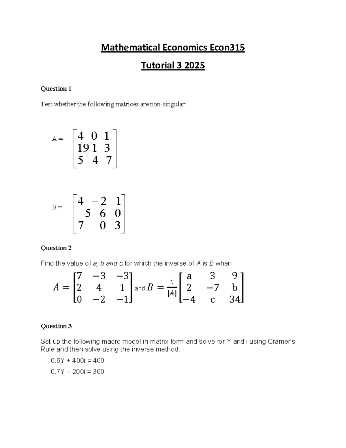 tut3 econ315 2023 - Mathematical Economics Econ Tutorial 3 2025 ...