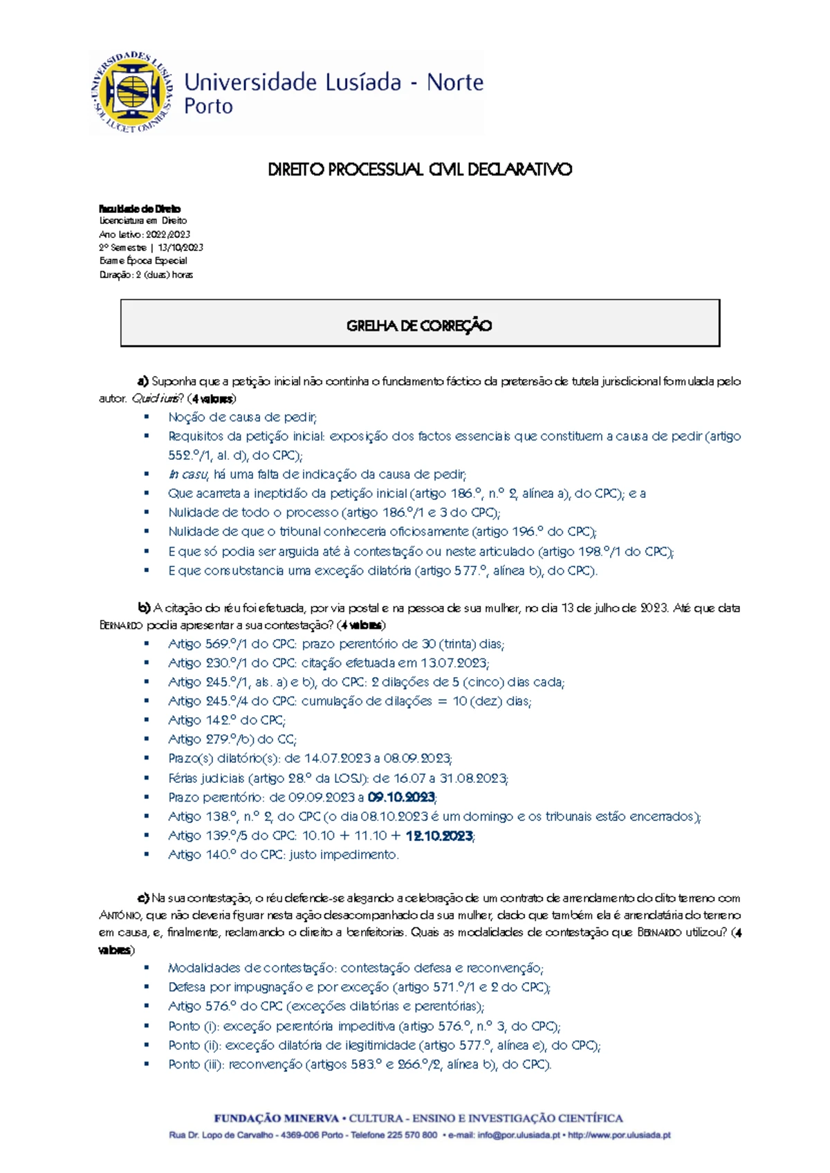 Correção do Exame Especial - DPCD - Direito Processual Civil 2023 - Studocu