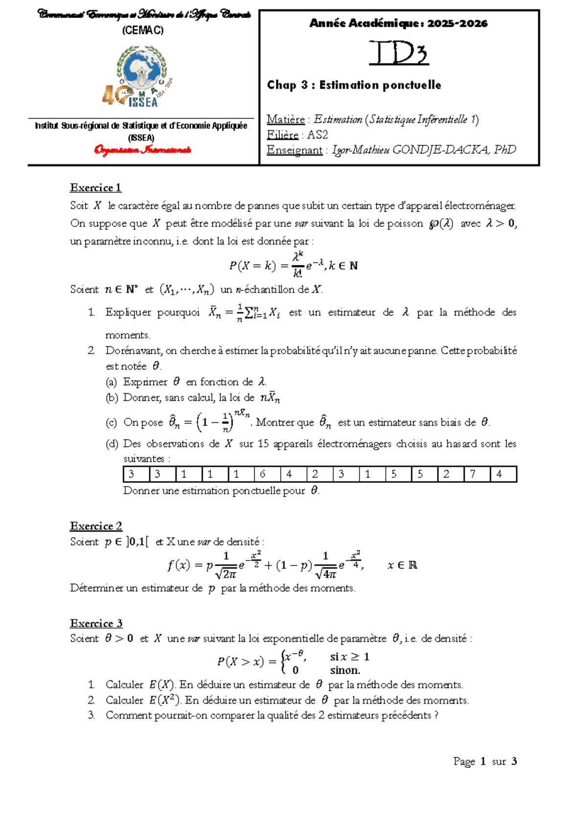 TD3 Estimation Ponctuelle en Statistique Inférentielle AS2 - Studocu