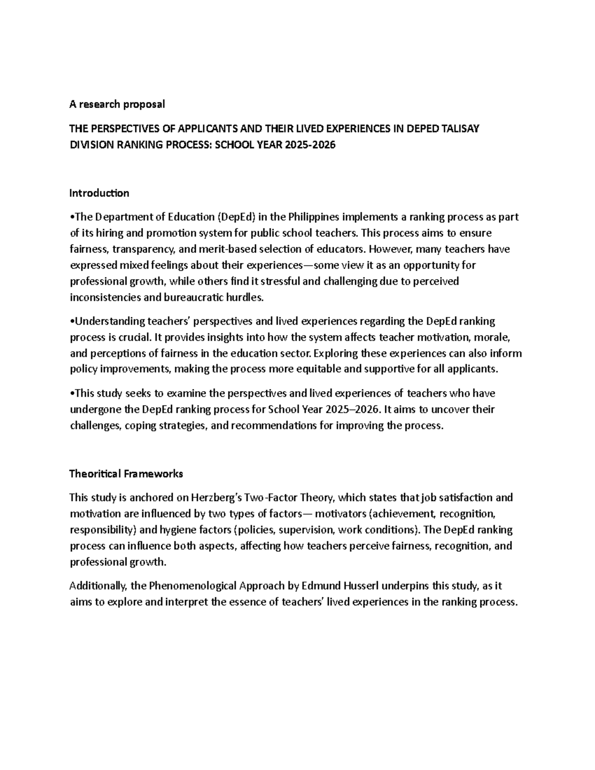 SS601 Research Proposal: Teachers' Perspectives on DepEd Ranking ...