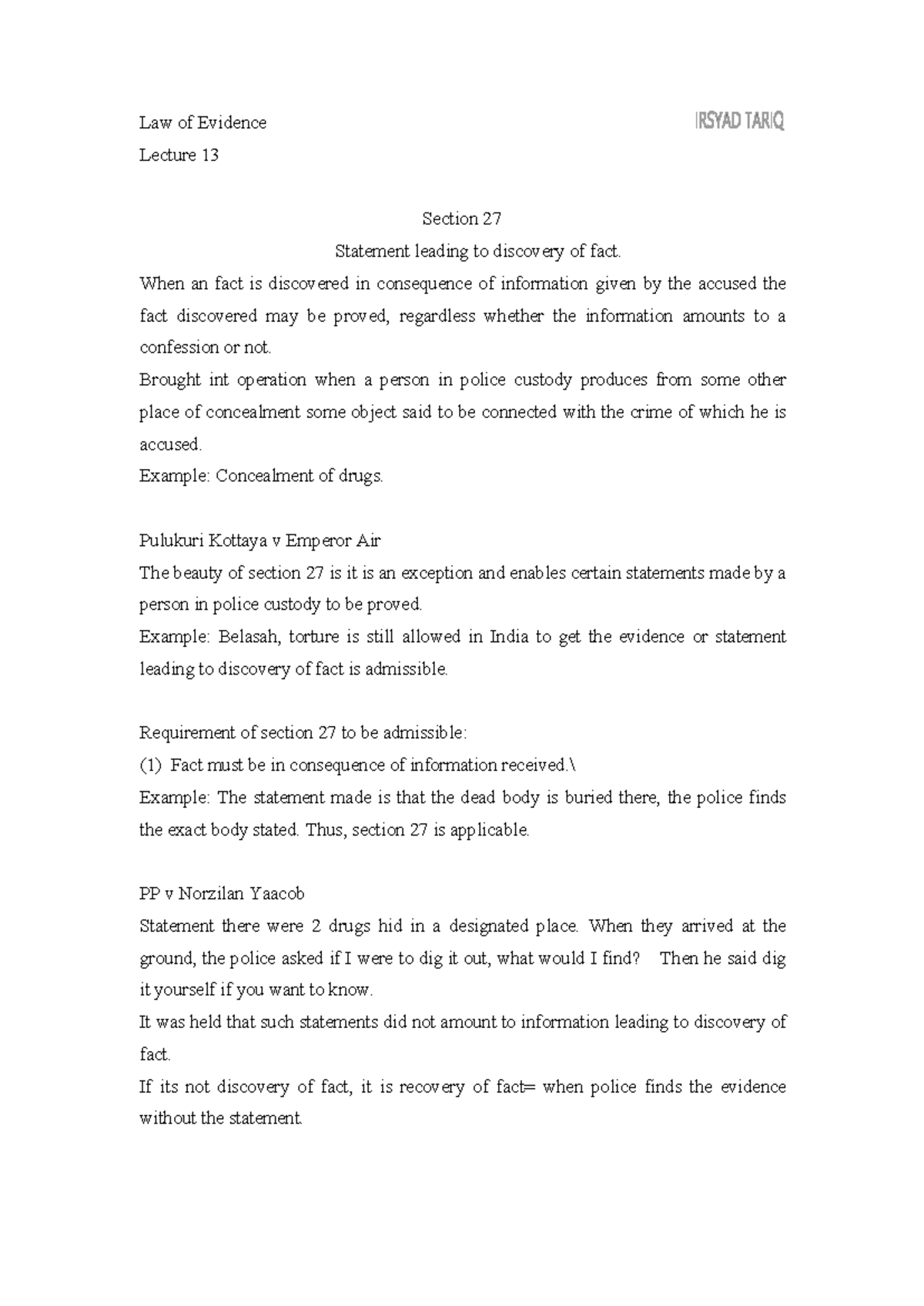 Law of Evidence 1 13th lecture - Law of Evidence Lecture 13 Section 27 ...