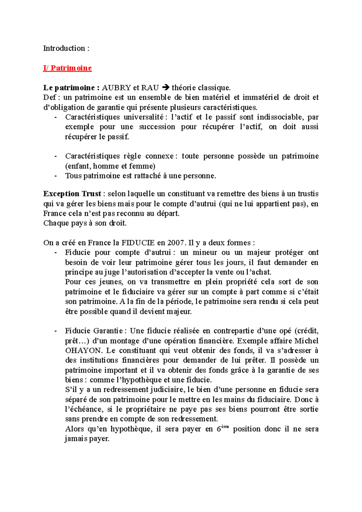 Cours - Introduction : I/ Patrimoine Le patrimoine : AUBRY et RAU ...