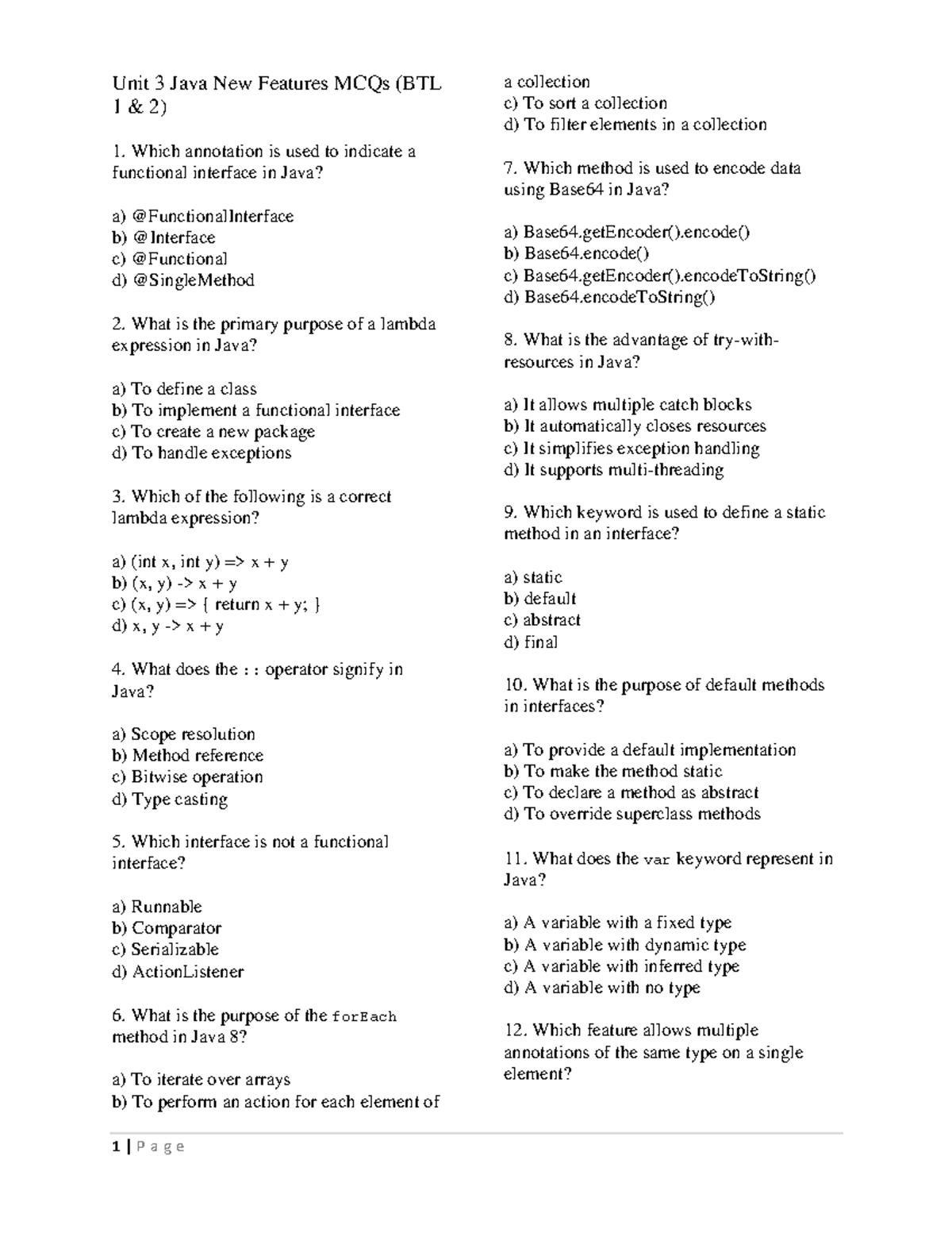 Unit 3 Java New Features MCQs (BTL 1 2) - Question Bank - Studocu