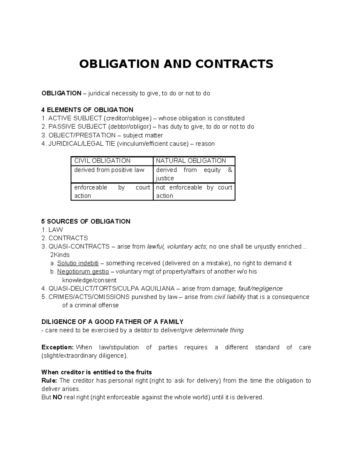 Obligation and Contracts Notes (LAW 101) - Studocu