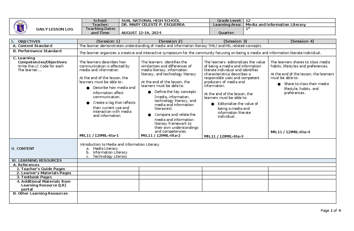 Daily Lesson Log: Media and Information Literacy (MIL11/12IMIL-IIIa ...