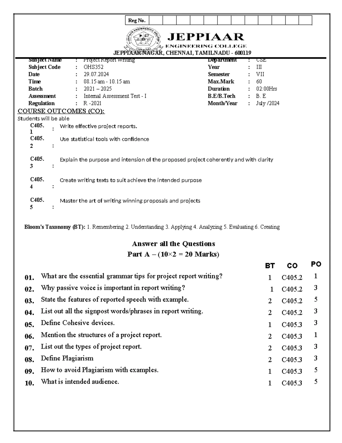 IAT 1 Answer Key - OHS352 - PRW - OHS352 - Project Report Writing ...