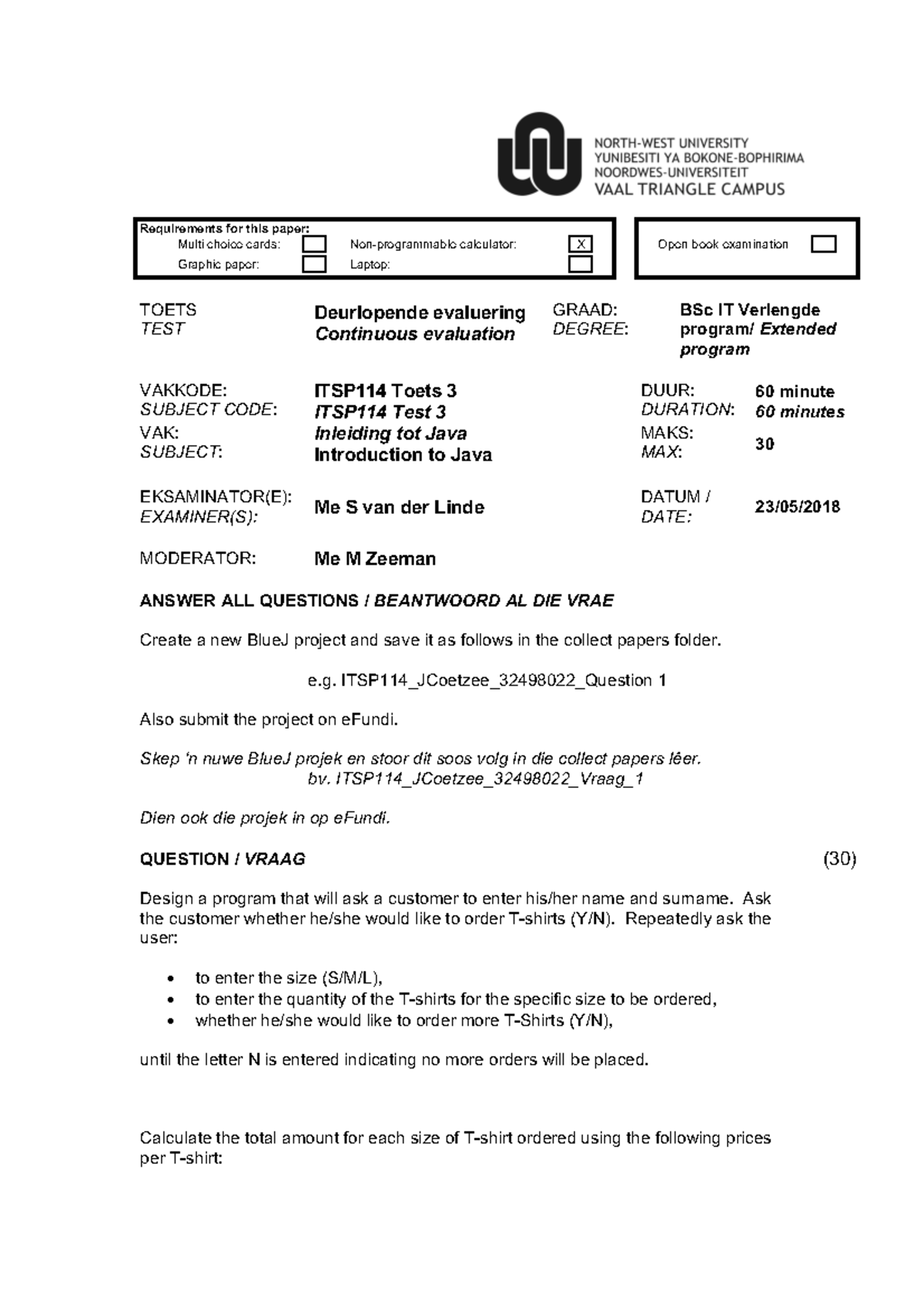 ITSP 114 Toets 3 2018 MZ - Exam Paper and Coding Task Instructions ...
